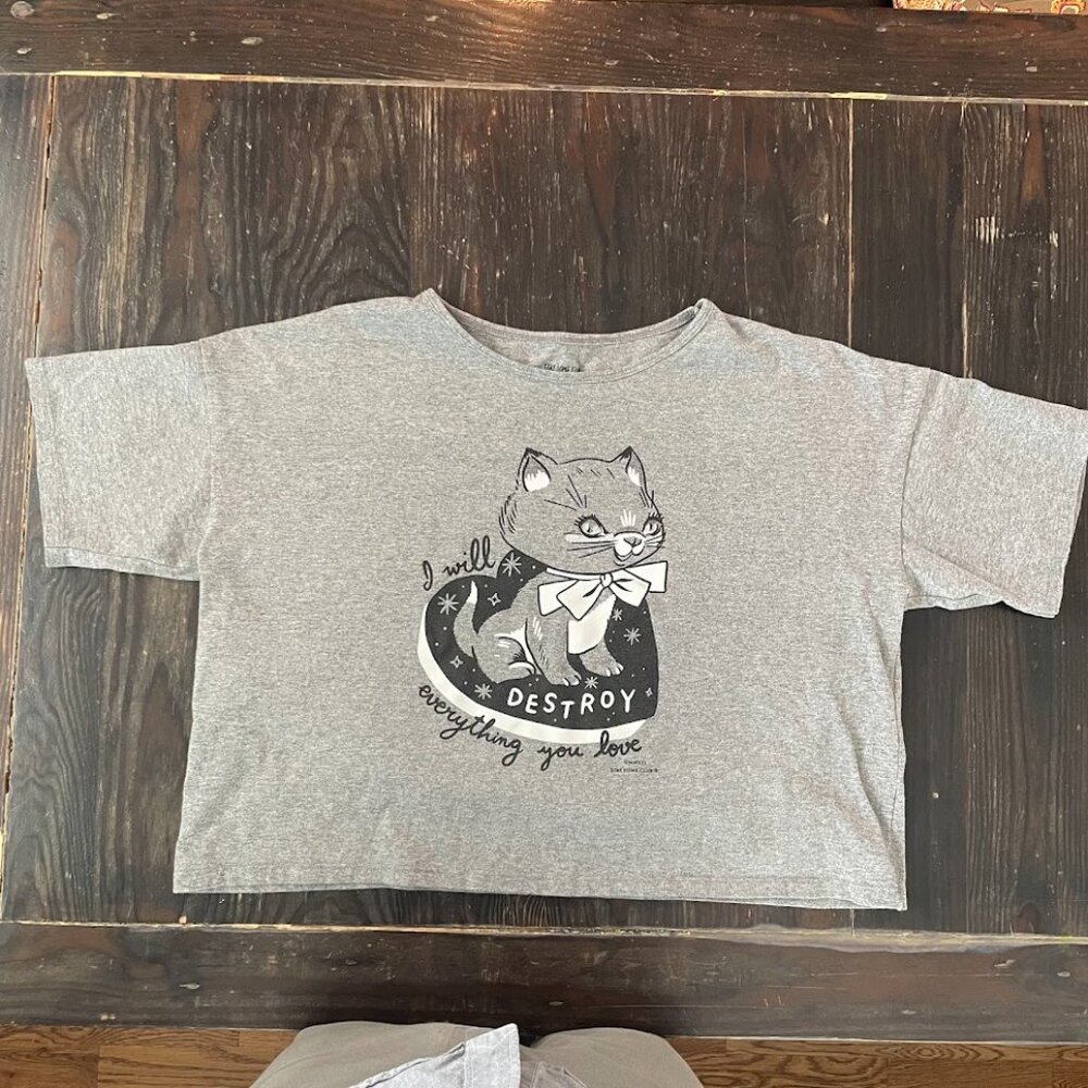 Stay Home Club Destroy Kitten Gray Loose Crop Tee Size 2